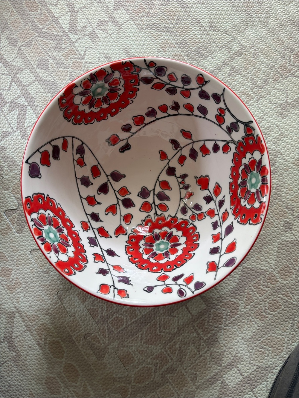 Anthropologie Red and Purple Floral Ceramic Serving Bowl